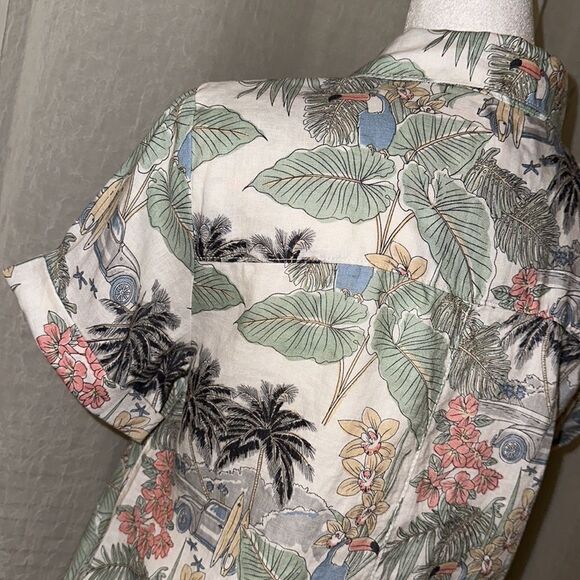 C&C XS Hawaiian Shirt Dress White Green Tropical Surf Boards Beach Toucan - Picture 8 of 10